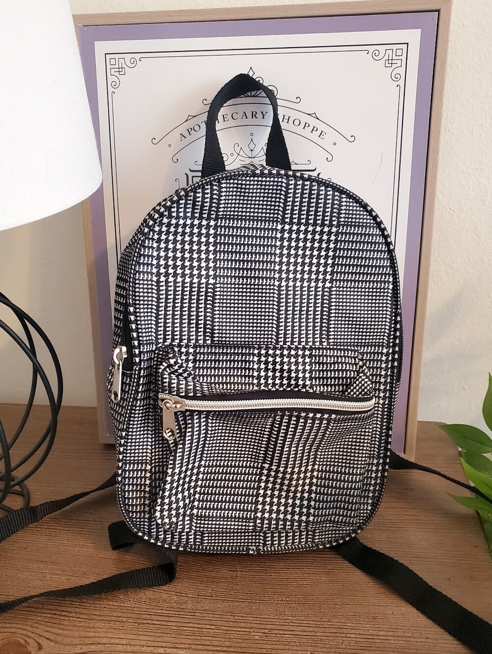 Black And White Plaid Houndstooth Nylon Mini Backpack - With Adjustable Straps